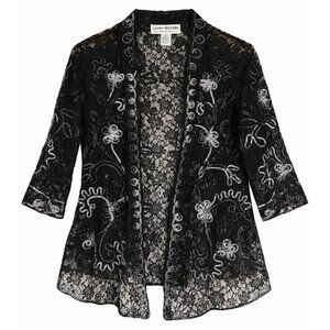 Lauren Michelle  XL Black Lace Open Front Cardigan White Embroidery